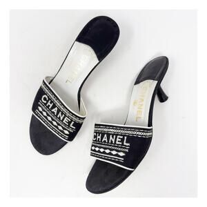 Chanel Vintage Black Embroidered Logo Slide Heels Womens Size EU 37.5